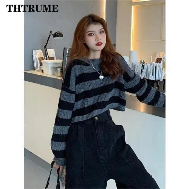 Y2K Striped Vintage Women Sweater Fashion Autumn Winter Long Sleeve Round Neck Korean Jumper Casual Office Lady Loose Pullovers