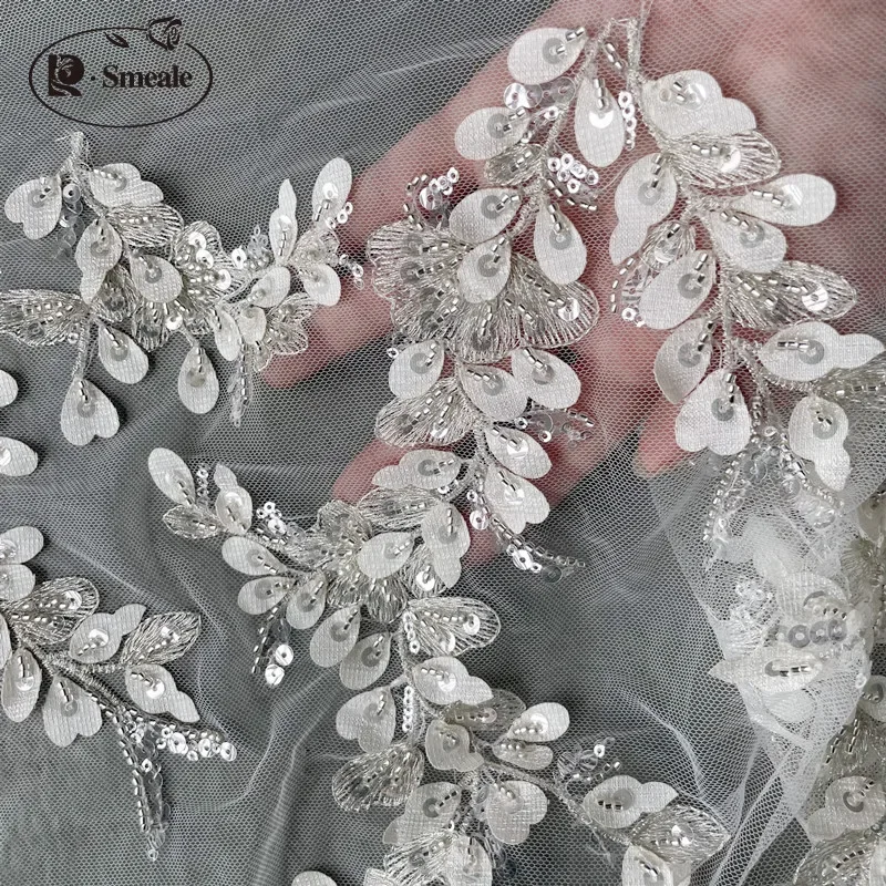 Ivory Luxury Beaded Applique Bridal Lace Fabric Silver Embroidery Flowers and Leaves Sequins High-end Dress Fabric Lace RS3105