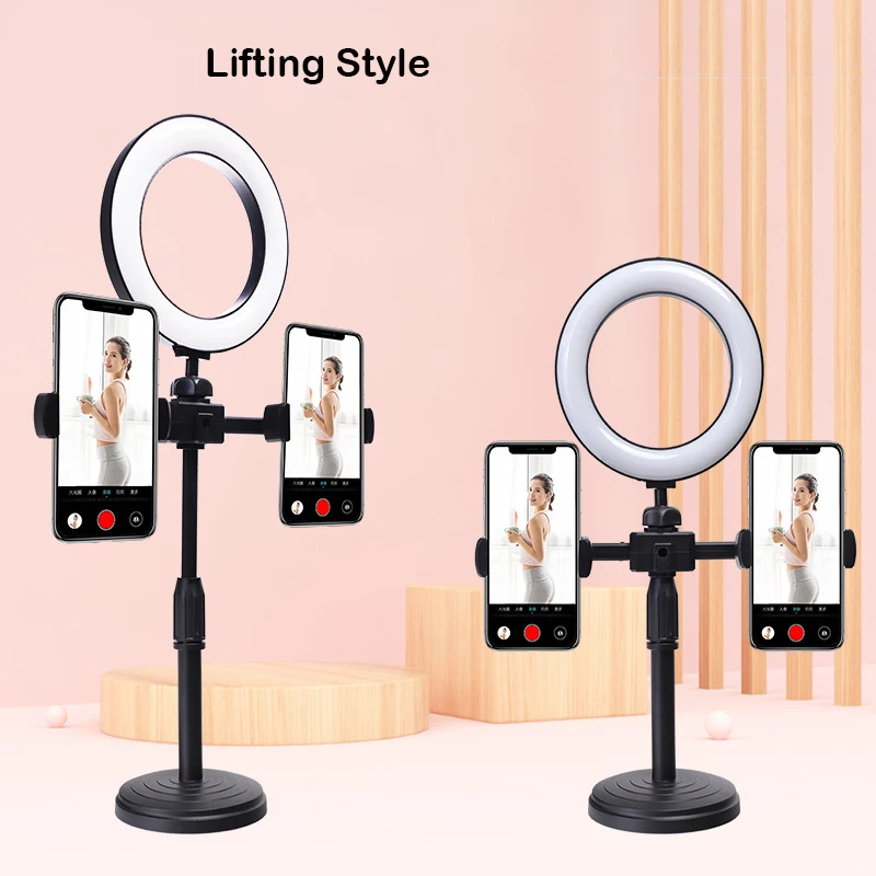 Anneau lumineux LED à intensité variable pour selfie, lampes rondes, USB avec 2 supports de téléphone, trépied, lumière vidéo Tiktok, ensemble de