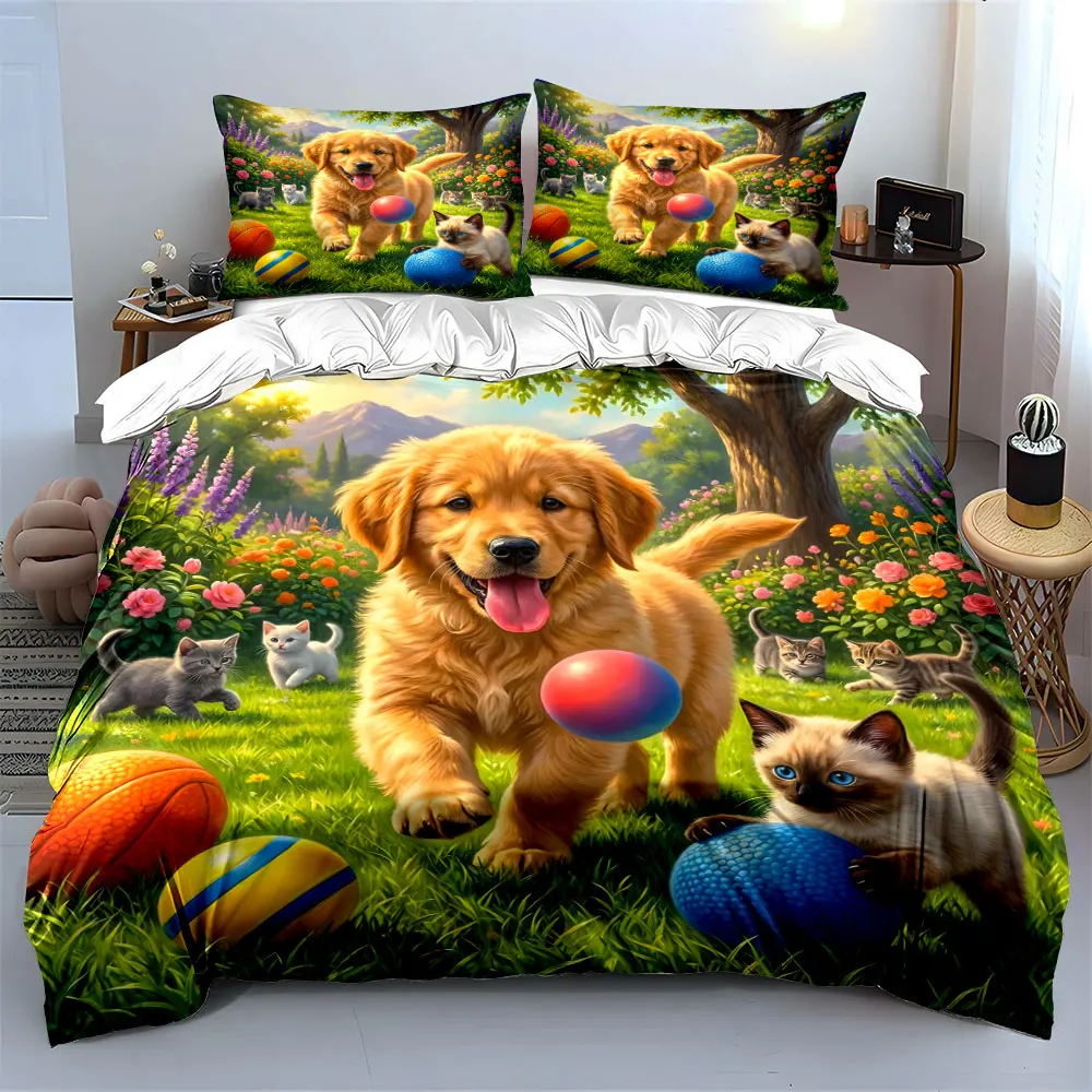 Puppy and kittens playing in a sunny garden Print Bedding set 3PC 1 duvet cover 2 pillowcases adult and children bedding set