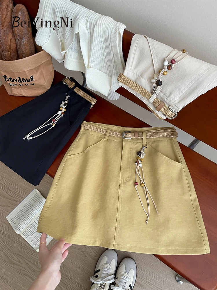 Beiyingni 2025 Summer Korean Women's Mini Skirt Belted Casual All-match Slim High Waist Short A-line Skirts Female Plain Faldas
