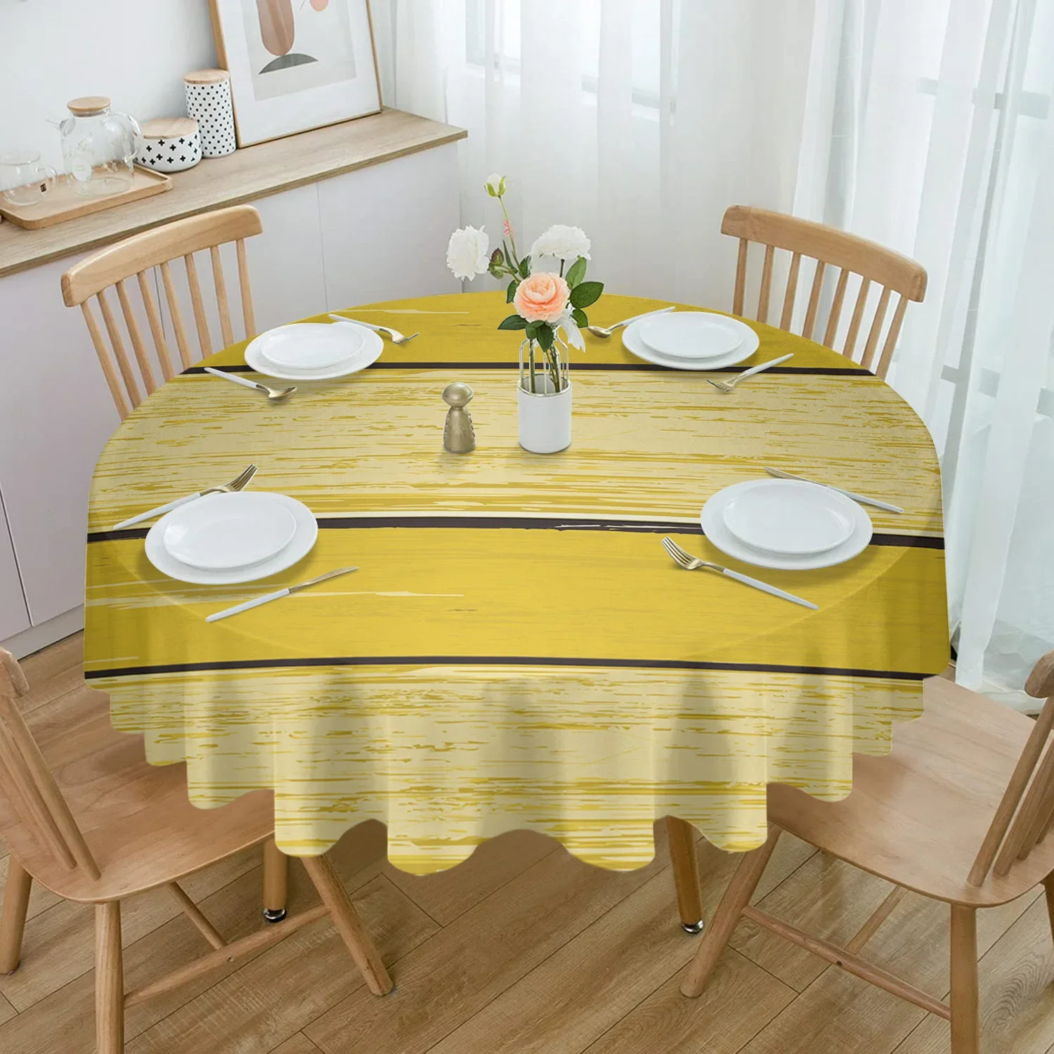 Yellow Retro Wood Grain Rustic Round Tablecloth Waterproof Table Cover Home Kitchen Table Cloth Dining Table Decoration