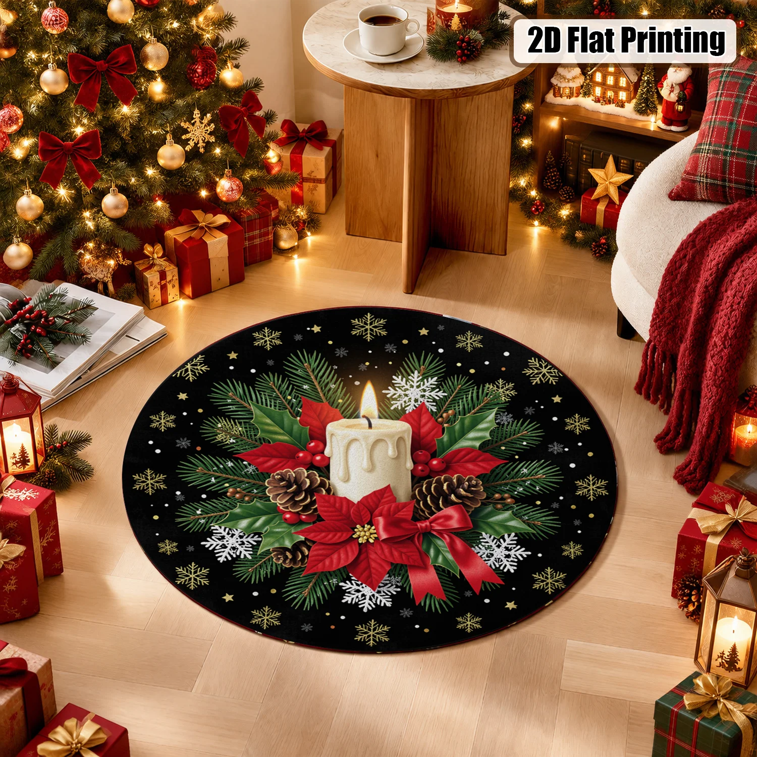 Christmas Candle Poinsettia Snowflake Pine Cone Round Velvet Rug Machine Washable Suitable for Living Room Dining Room Entryway Balcony Decor Halloween Thanksgiving Christmas New Year Black Friday Cyber Monday