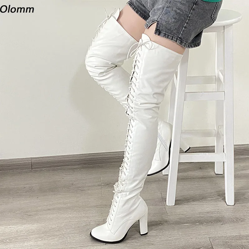 

OLOMM 2022 Women Winter Thigh Boots Chunky Heels Side Zipper Boots Round Toe Gorgeous White Casual Shoes Ladies US Size 5-20