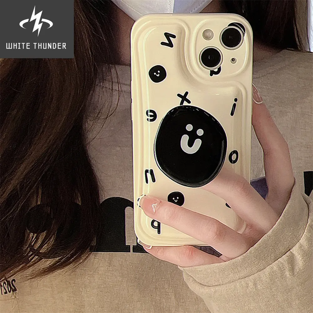 Japan Korean Cute Black Letter Smiley Bracket Soft Phone Case For IPhone 12 11 13 Pro XR X XS Max Holder Protective Back Cover