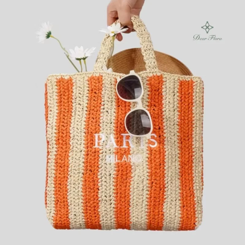 Women Colorful Stripes Fashion Straw Knitting Tote Bag Handwoven Summer Beach Travel Shoulder Bag Casual Bali Big Handbag Purses