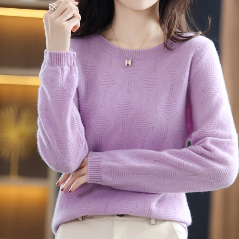 2022 Spring And Autumn Women's Fashion Hollow Round Neck Solid Color Pullover Loose Casual All-Match 100% Wool Knitted Sweater