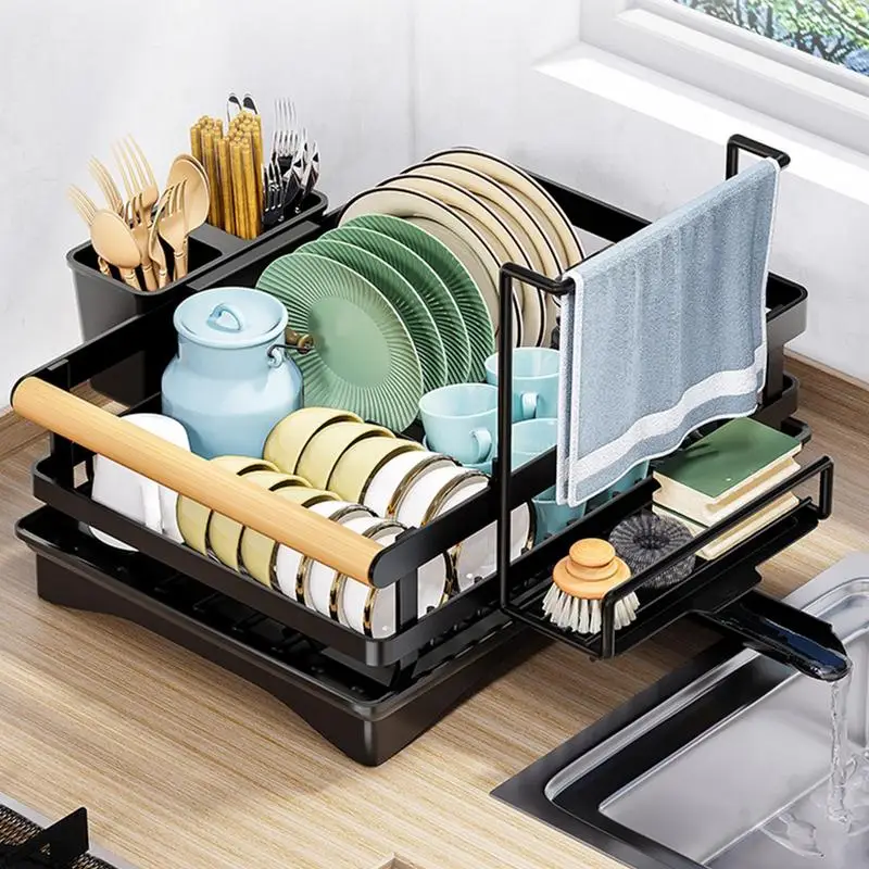 Dish Drying Rack Kitchen Sink Counter Utensil Holder Drying Rack with Drainboard Space-Saving Dish Rack Organizer with Utensil