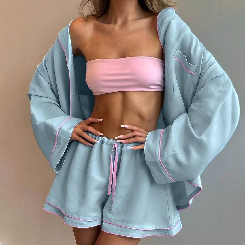 

Осенний модный свободный синий хлопковый домашний комплект из двух предметов для женщин 2025: элегантная рубашка с длинным рукавом и шорты с высокой талией