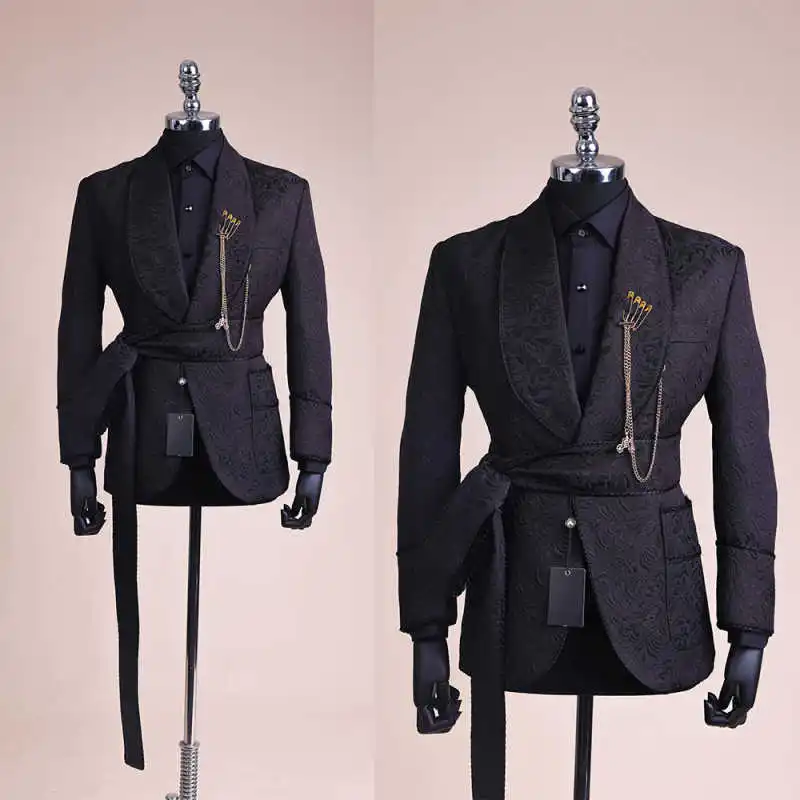 

Classic Jacquard One Piece Blazer Shawl Lapel Belt Groom Wedding Tuexdos Formal Occasion Customized Wear