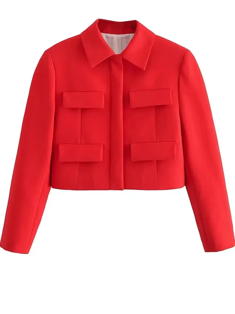 2024 Women\'s Red + Black Jacket Solid Turn Down Collar Long Sleeve Cropped Tops Female Fashion Versatile Chic Coat Trendy