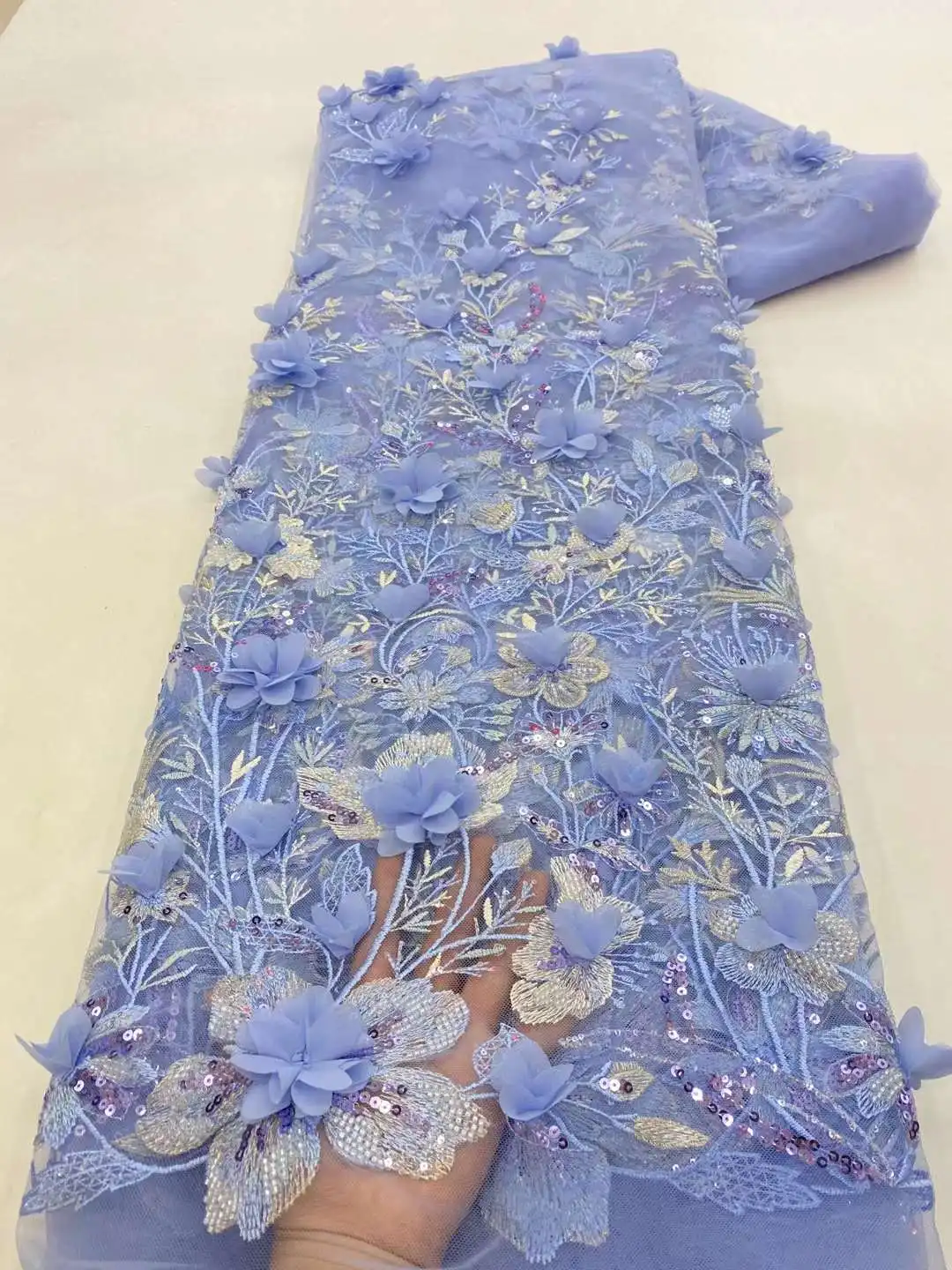 

5 ярдов африканского кружевного полотна с бисером и пайетками, французская тюлевая ткань с 3D цветочной вышивкой, аппликация для шитья