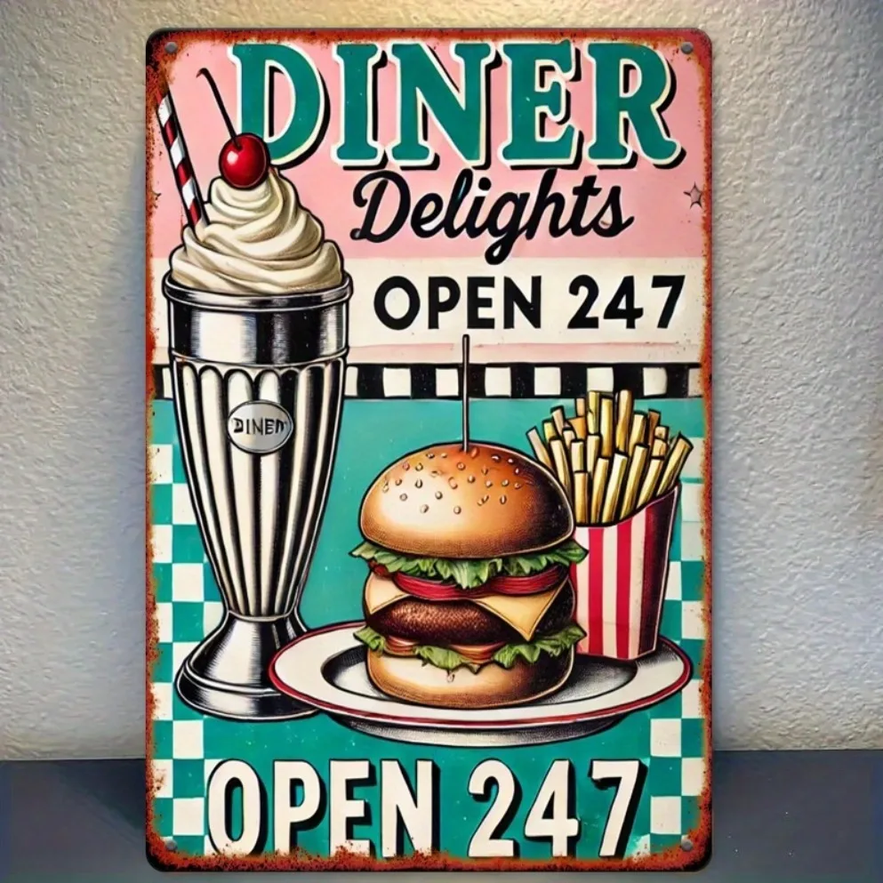 Letrero de hierro Vintage "Restaurant Open 24/7", decoración de pared de comedor Retro americano con hamburguesa/papatas fritas, para cocina/comedor, 1 ud.
