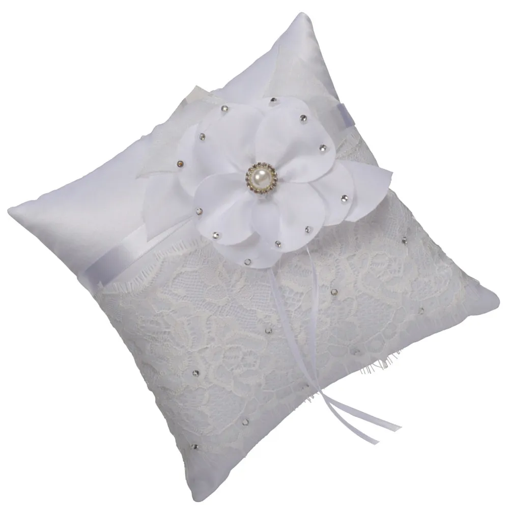 Wedding Lace Ring Pillow Bridal Flower Pearl Crystal Decorated Soft Compact Size Perfect Ceremony Ivory Ring Bearer Pillow