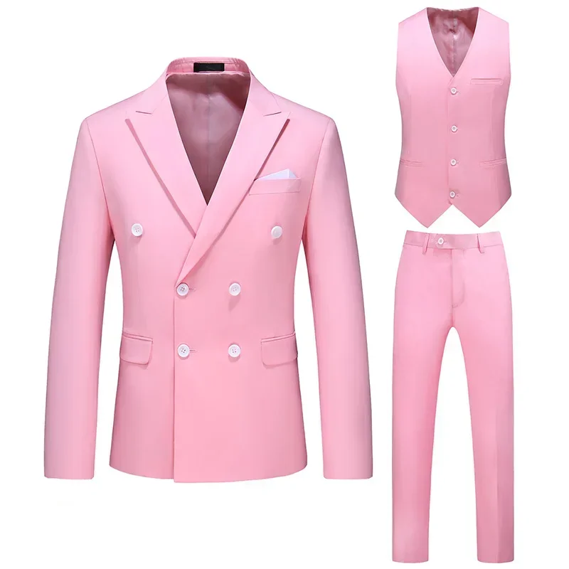 New 2026 Men's Double-breasted Notch Lapel Flat Slim Fit 3Pcs Suits Business Casual Tuxedos Sets for Wedding (Blazer+Pants+vest)