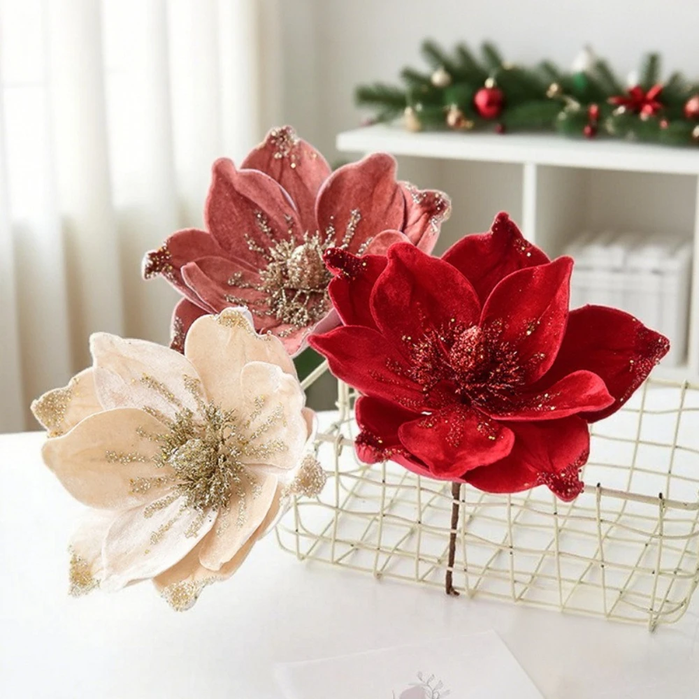 

Christmas Flowers Magnolia Flowers Fabrics Sequins Christmas Tree Decoration Artificial Flower New Year Party Wedding Decoration