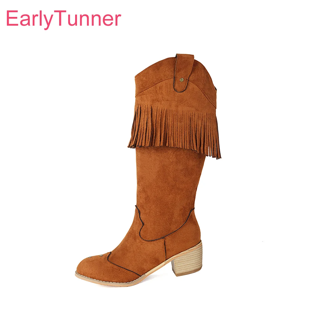 

2025 Новые зимние женские ботинки до середины икры для взрослых, желтые, черные, с кисточками, на среднем блочном каблуке, женская повседневная обувь, большие размеры 11 43 45