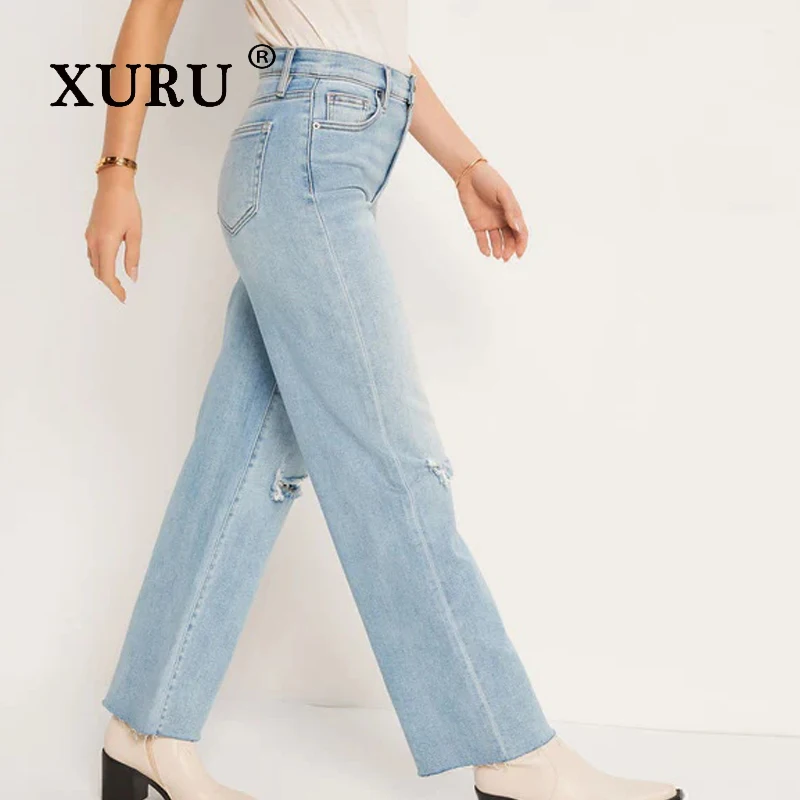 XURU - New women's ripped cropped jeans, y2k loose straight leg light colored long jeans, men's pants