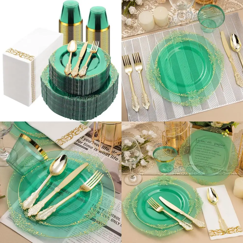 

Прозрачные зеленые одноразовые тарелки с золотой отделкой — 350 упаковок для 50 гостей, в комплект входят 100 обеденных тарелок и набор посуды из золота 150