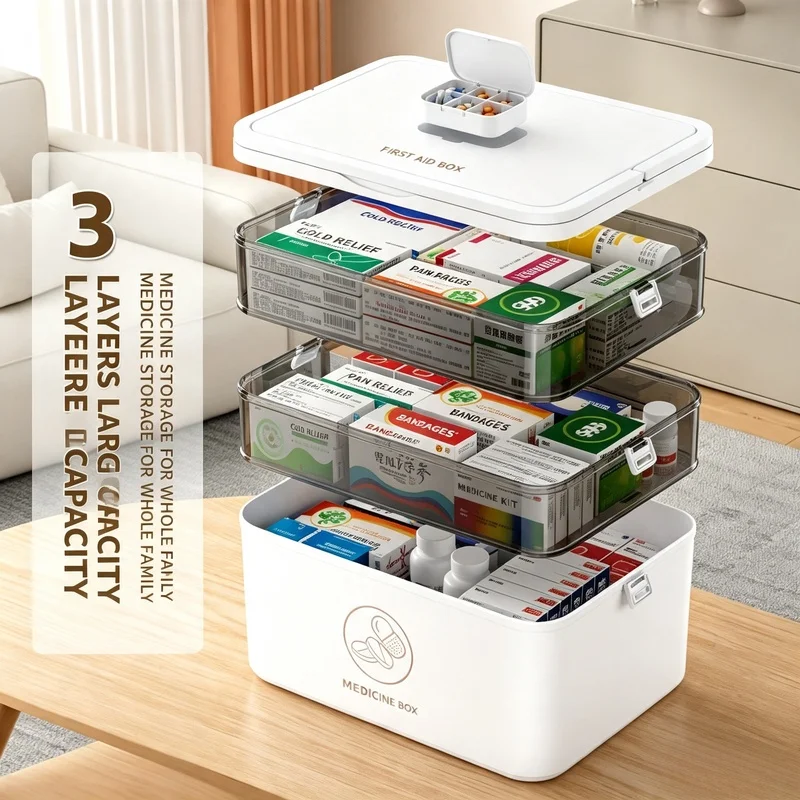 1PC 3 Tier Family Medicine Storage Box Emergency First Aid Organizer Leak Resistant Compact Household Medical Cabinet