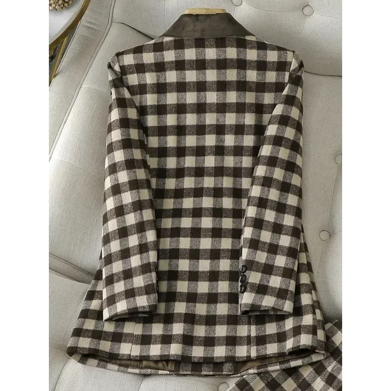 Herfst Winter Dikke Losse Blazer Vrouwen Groene Abrikoos Plaid Dames Lange Mouw Drievoudige Rij Rij Knopen Jas Dames