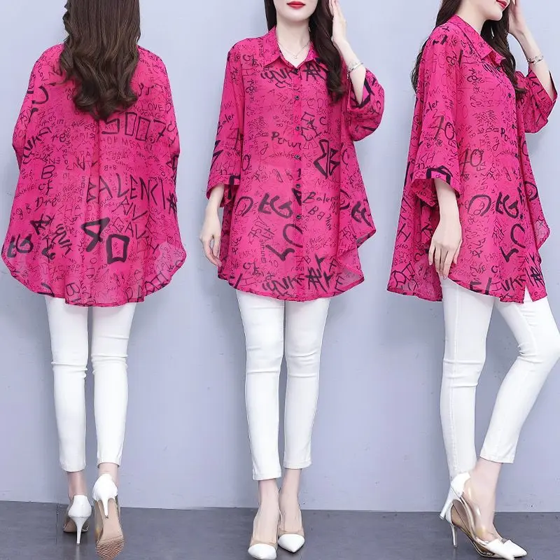 Ladies Summer Korean Large Size Simplicity Printing Loose Chiffon Polo-Neck Blouse Women Clothes Casual Trend Buttons Shirts