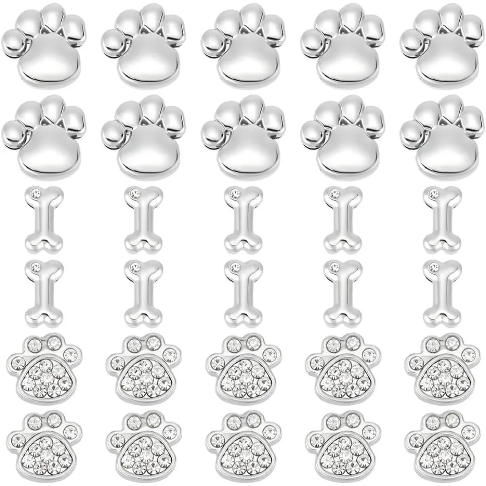 

1 Box 30Pcs 3 Styles Pet Paw Charm Rhinestone Slide Charms Bulk Metal Alloy Animal Cat Dog Claw Prints