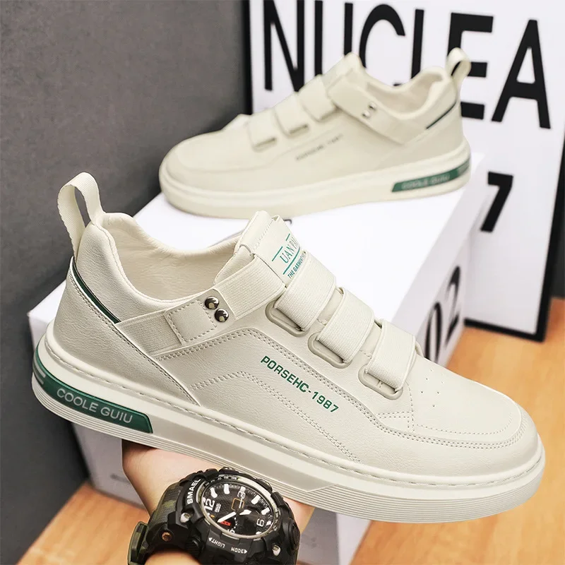 Sepatu datar pria untuk pria Sneakers kulit Pu sepatu kasual modis Hook & Loop sepatu ringan sejuk sepatu jalan Zapatillas