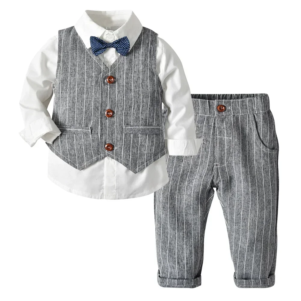 Autumn New Children's Light Blue Three Piece Suit Boys' Shirt+Vest+Pants Suit Set with Necktie Boy's Gentleman Baby Boy Clothes image 4