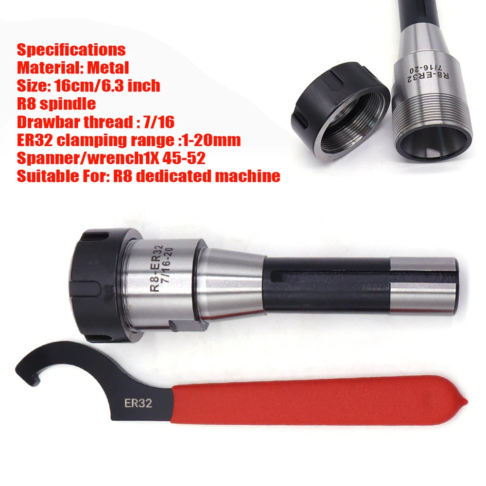 Collet Chuck Titular com uma chave inglesa, CNC Milling Lathe, Drabar Thread, R8-ER32, 7/16"