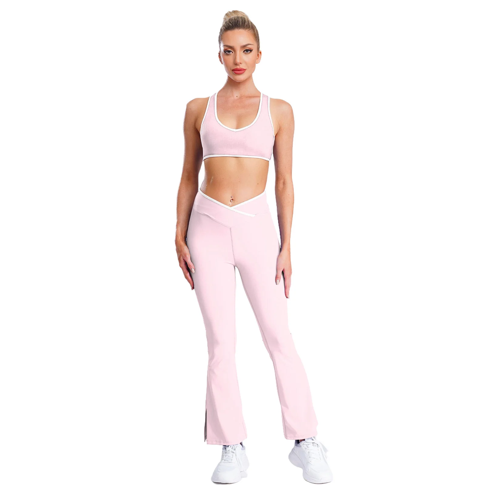 

Women Sports Yoga Gym Set Sleeveless Racer-back Removable Chest Pads Crop Top with Elastic Waistband Sides Split Flared Pants
