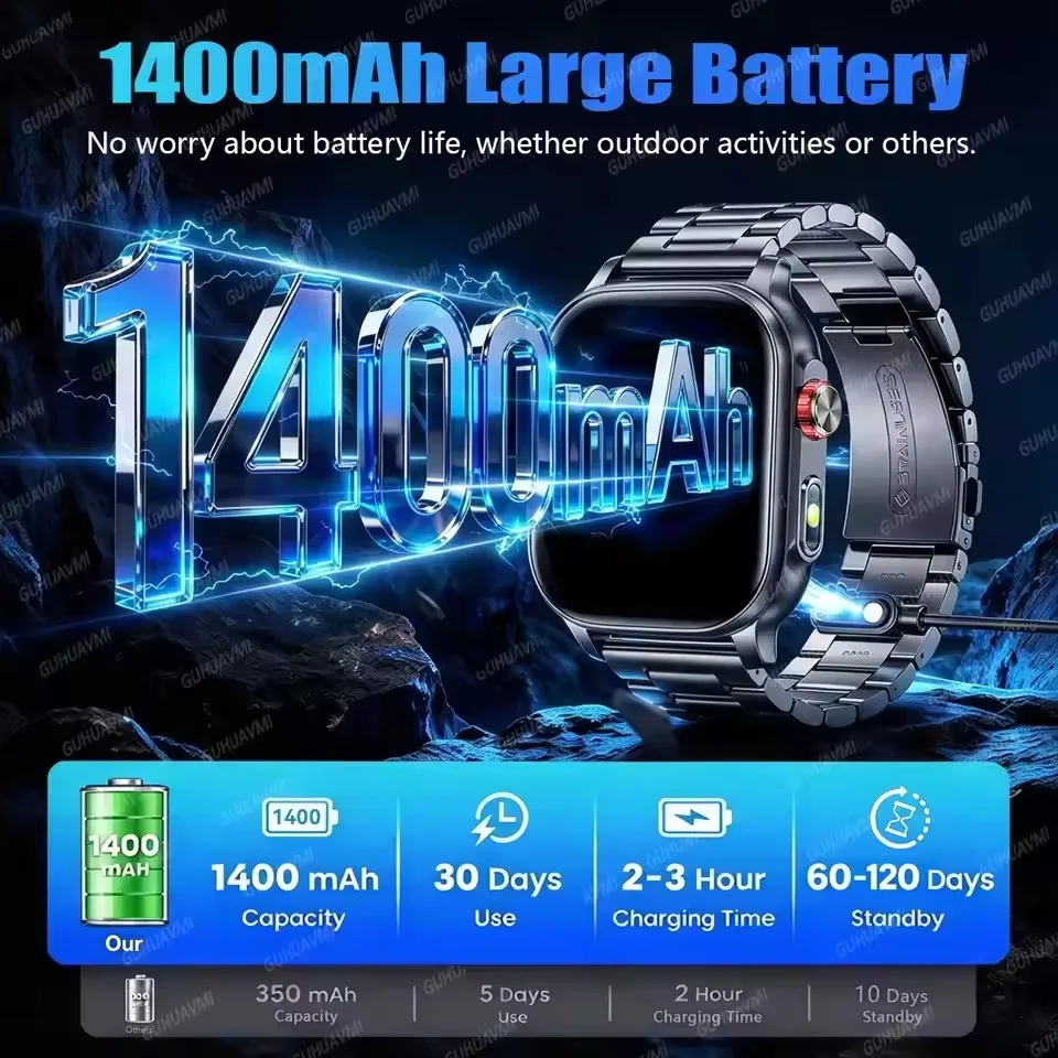 Top1 New 1400mAh Military Outdoor Smartwatch 2.01 Inches LED Flashlight IP68 Waterproof Heart Rate Bluetooth Call Sports Watches