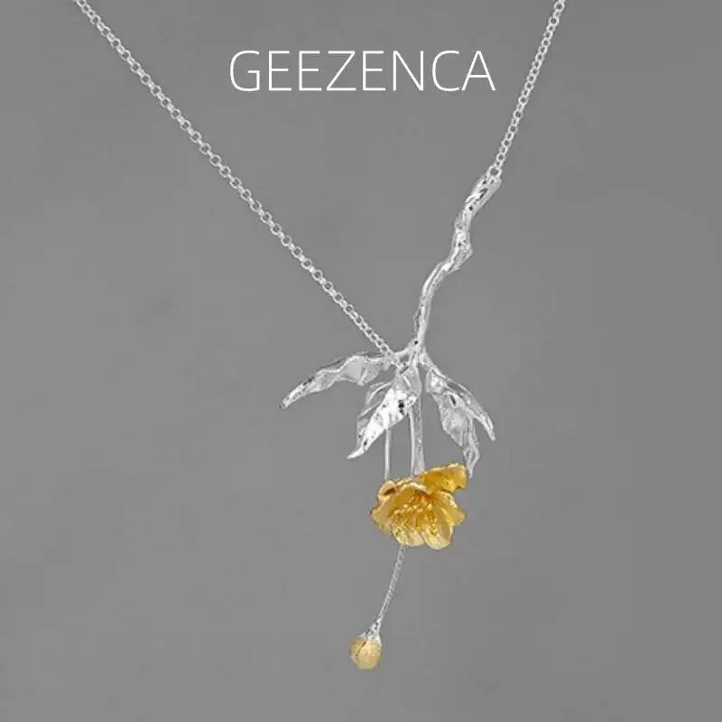 

GEEZENCA 925 Sterling Silver Two Tone Plated Begonia Flower Pendant Necklace For Women Aesthetic Elegant Short Necklaces Gift