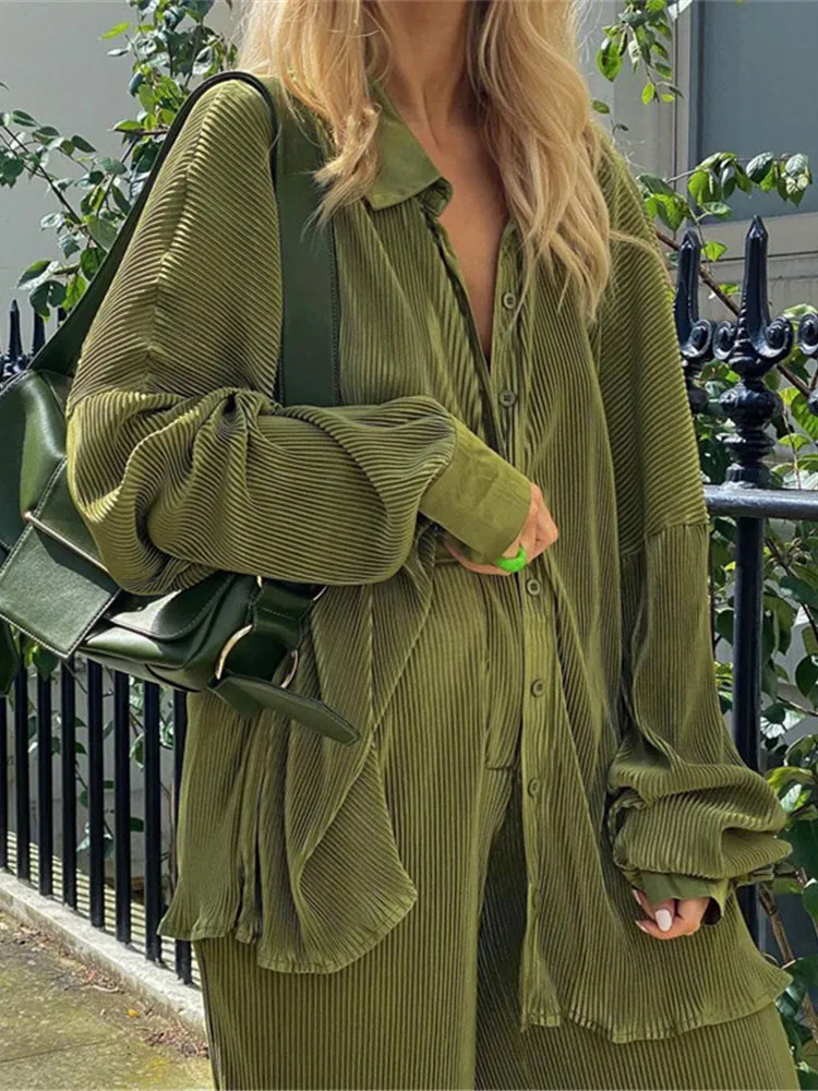 Two Piece Pant Set Elegant Green Pants Set Women Autumn Long Sleeve Blouses Matching Wide Trousers Suit Loose Shirts