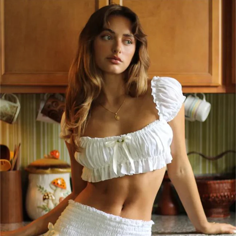 INS Temperament Commuting Women Sexy Tube Top T-shirt Ultra Short Bubble Sleeve Top Pure Colour Exposed Navel Bowknot T-Shirt