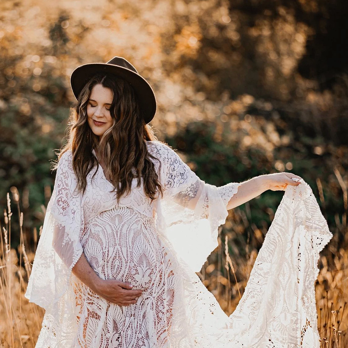 Boho Empire Waist Maternity Wedding Dress Beach Elopement Cutout Lace Plus Size Long Batwing Sleeves Pregnant Women Bridal Gowns