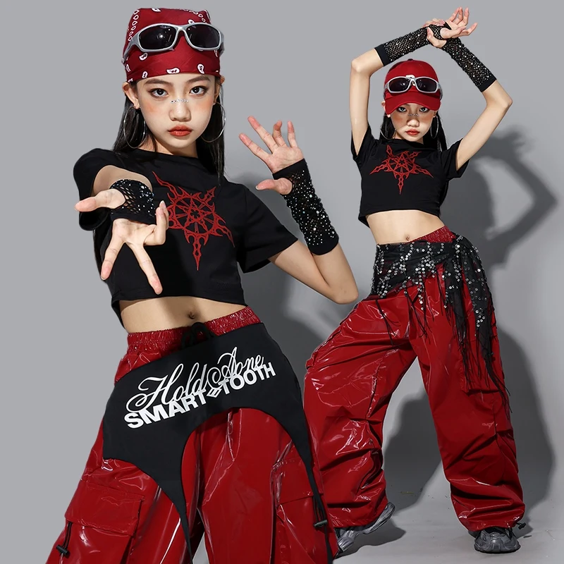 الأطفال ملابس رقص الجاز الفتيات Kpop أداء المرحلة ارتداء الأسود المحاصيل الأعلى مشرق الأحمر الهيب هوب الرقص السراويل الشارع Dancewear 2489