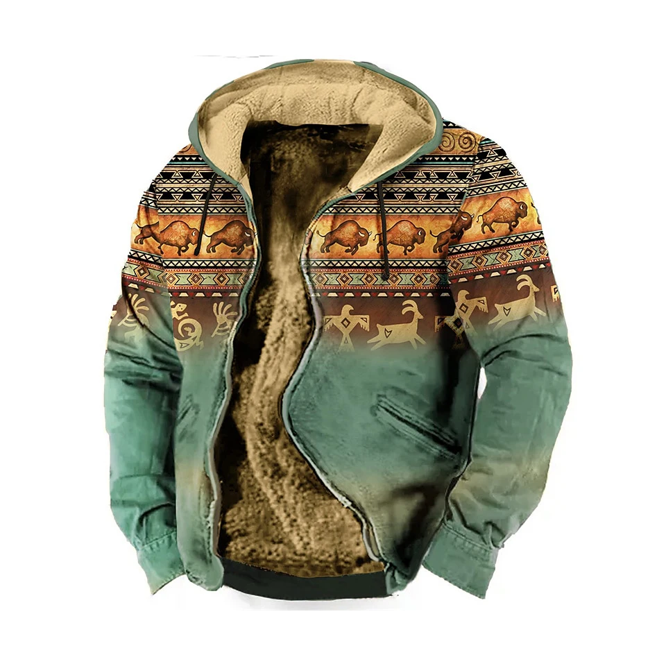 2023 Winter Men\'s Zip Up Hoodies Jackets Fleece Clothing Tribal Graphics Print Streetwear Outerwear Hooded Zip-up Tracksuit Coat