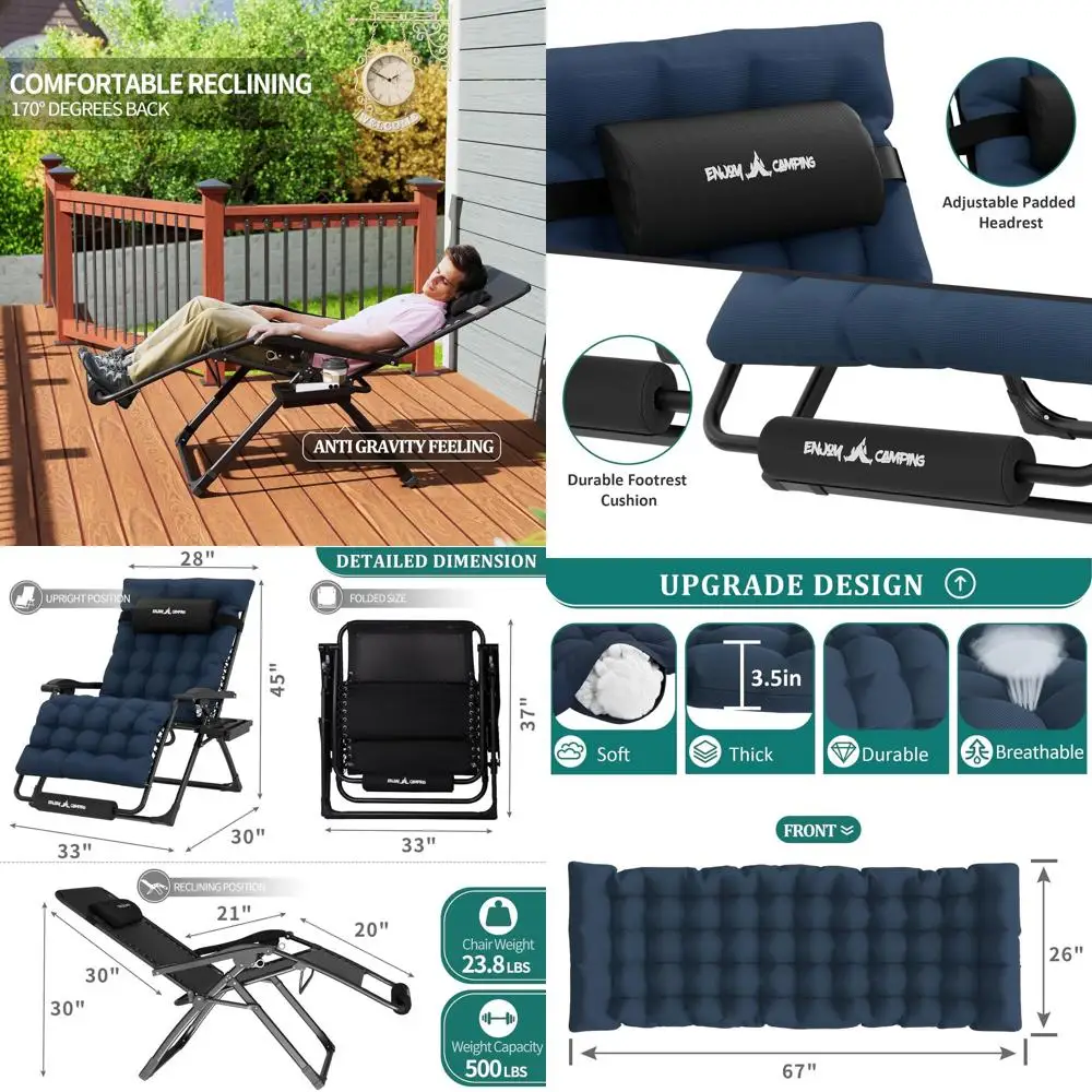 Sillón Reclinable de Patio XXL 33 Zero Gravity con Cojín, Azul Marino, Soporta hasta 500 lbs, Incluye Almohadas, Portavasos y Reposapiés