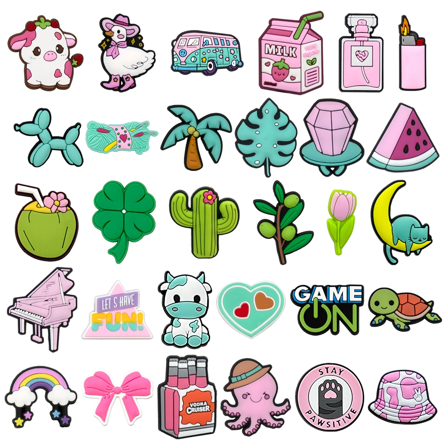 1/30pcs Rainbow Pink Piano Perfume Shoe Charms for Women Girls Coconut Tree Cactus Shoe Accessories Duck Cow Pin Clog Decoration