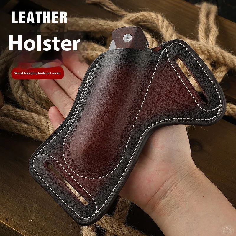 Multifunctional tool tactical storage leather holster, top layer cowhide leather waist bag, folding knife storage case