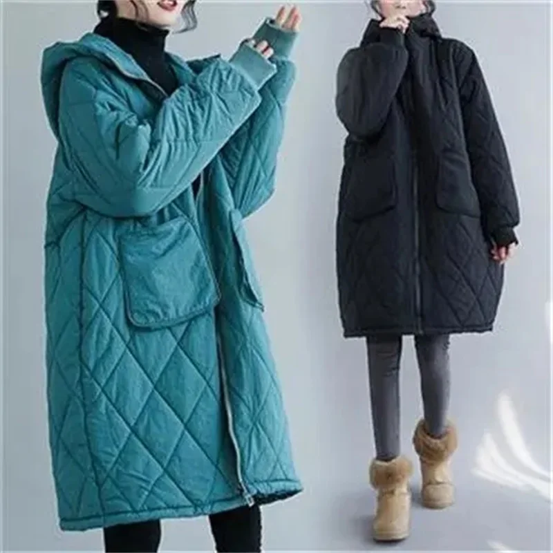 

Winter Lady Fashion Hooded Down Cotton Coat Korean Female Loose Cotton Padded Jacket 2025 Women Long Sleeves Parkas Top Outwear