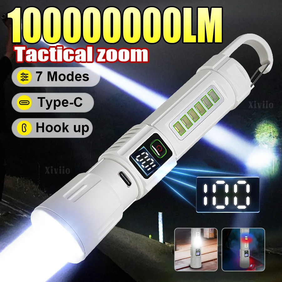 Powerful Super Bright Flashlights 100000000 Lumens Telescopic Zoomable Torch Camping Long Range Portable Tactical Lamp with Hook