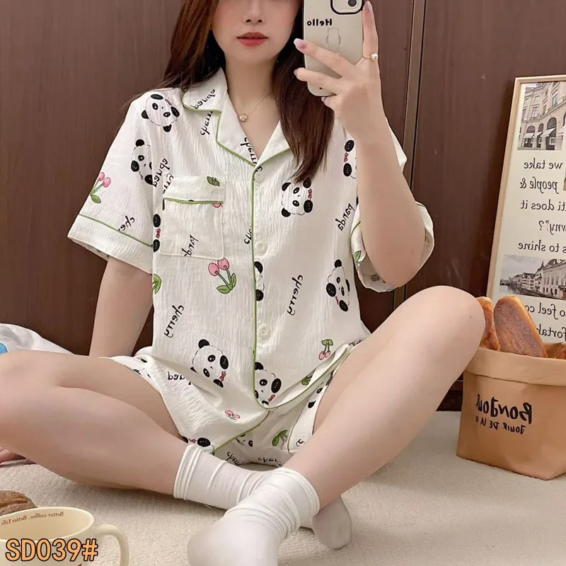

2025 New Spring Sweet Cute Girl Women's Pajamas Korean Style Pink Striped Dog Print Three Pieces Pajamas Set Lapel Neck HomeWear