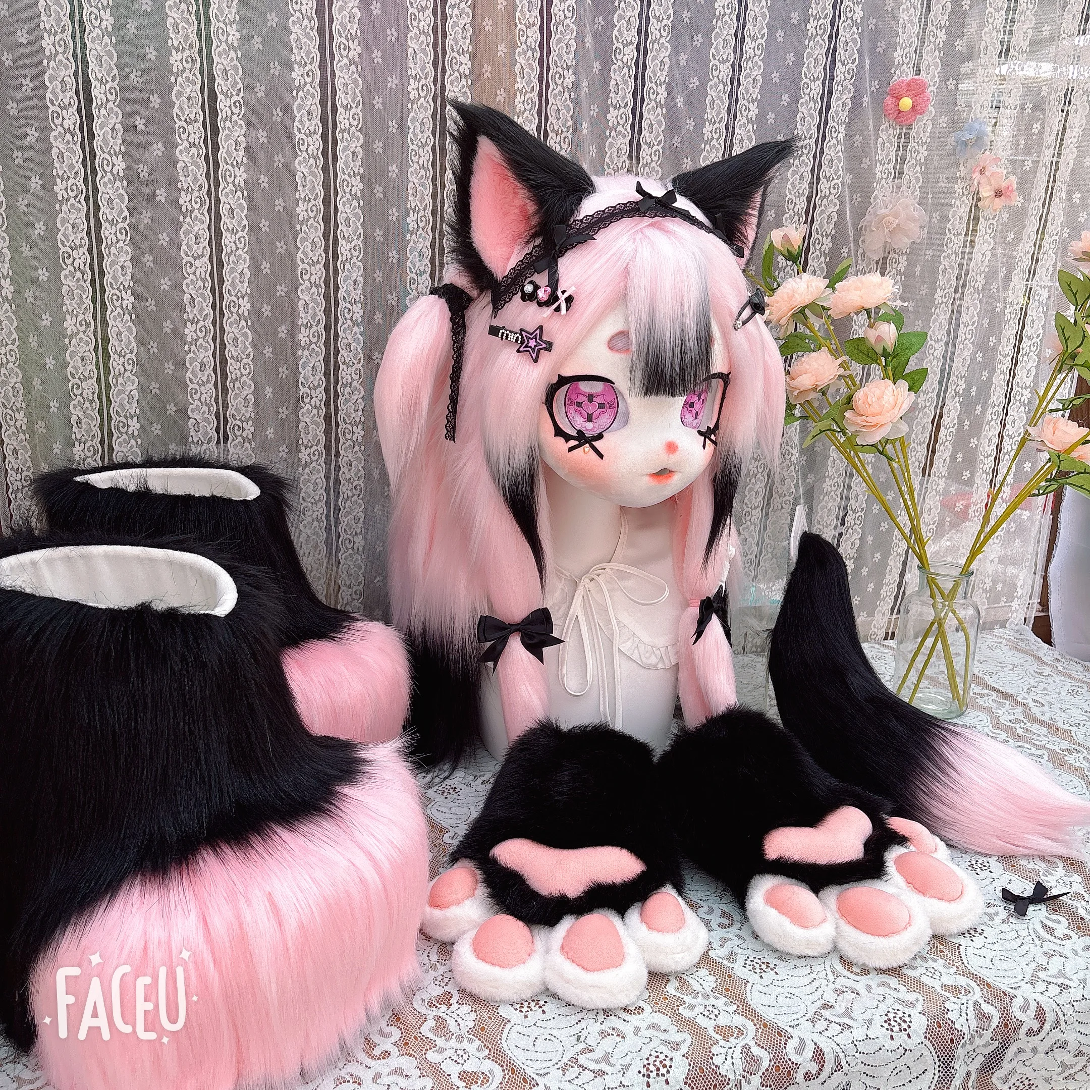 Kids Anime Fursuit Kigurumi Harige Cosplay Kostuum Blauw Haar Hoofd Poot Staart Schoenen Comiket Furries Pop Kig Masker Leeftijd 5 tot 18 Gift