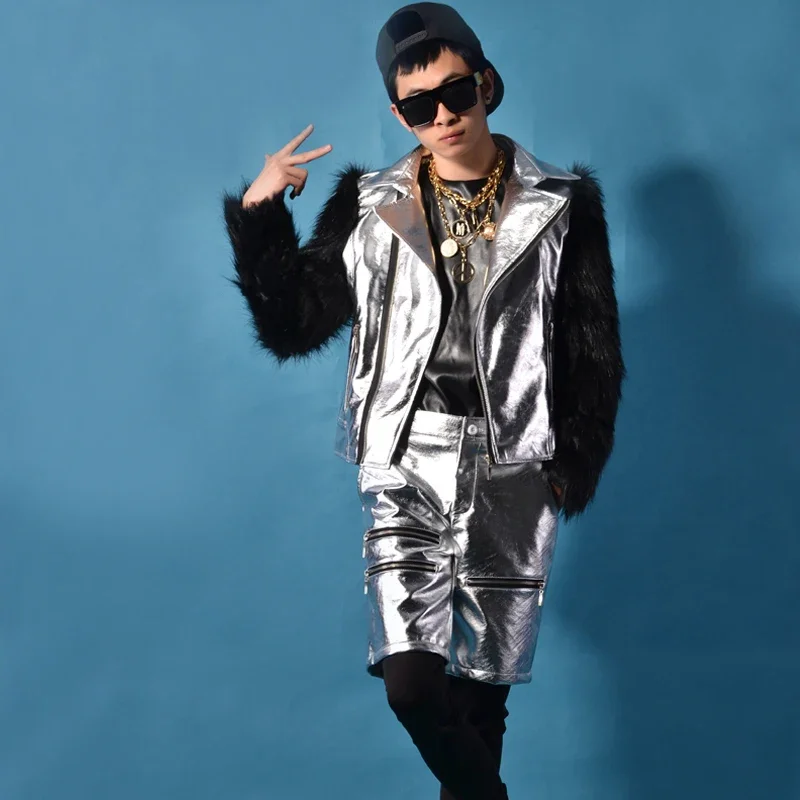 Men Jazz Dance Costume Silver Stitching Motorcycle Festival Clothing Fluffy Jacket Nightclub Male Singer Stage Show Wear XS2629