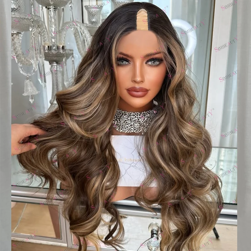 

100% Human Hair Bayalage Highlight Brown Blonde Long Natural Glueless 1x4 Size Middle U Part Wigs for Black Women Easy Wear