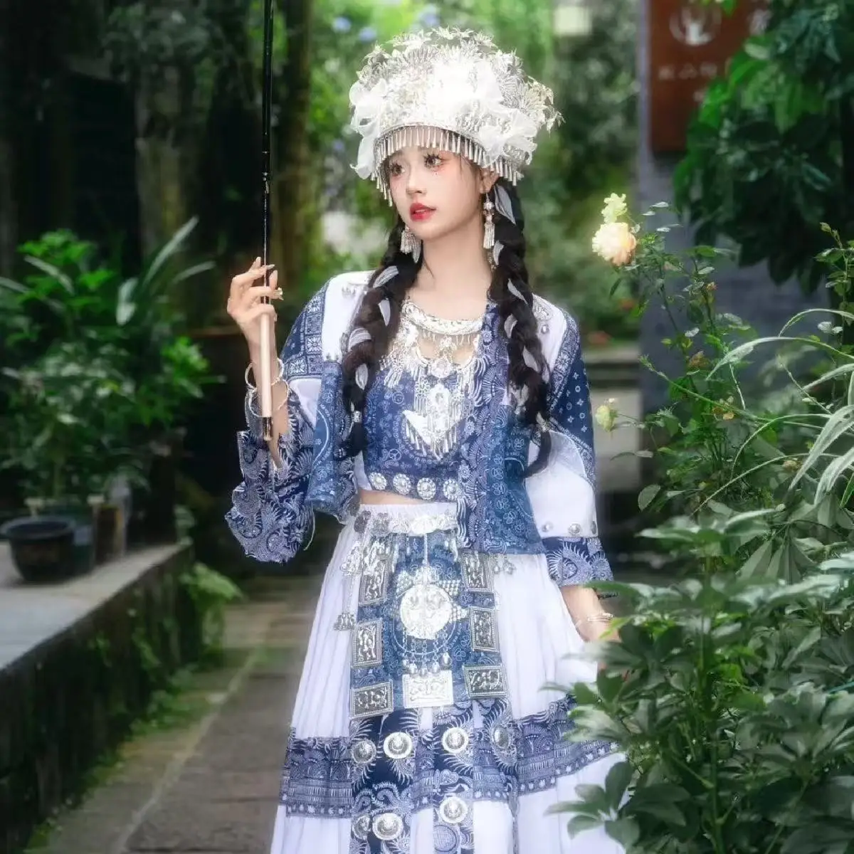 National Style Blue Hmong Costume Women's Traditional Chinese Stage Performance Clothing Carnival Party Cosplay Costume Female
