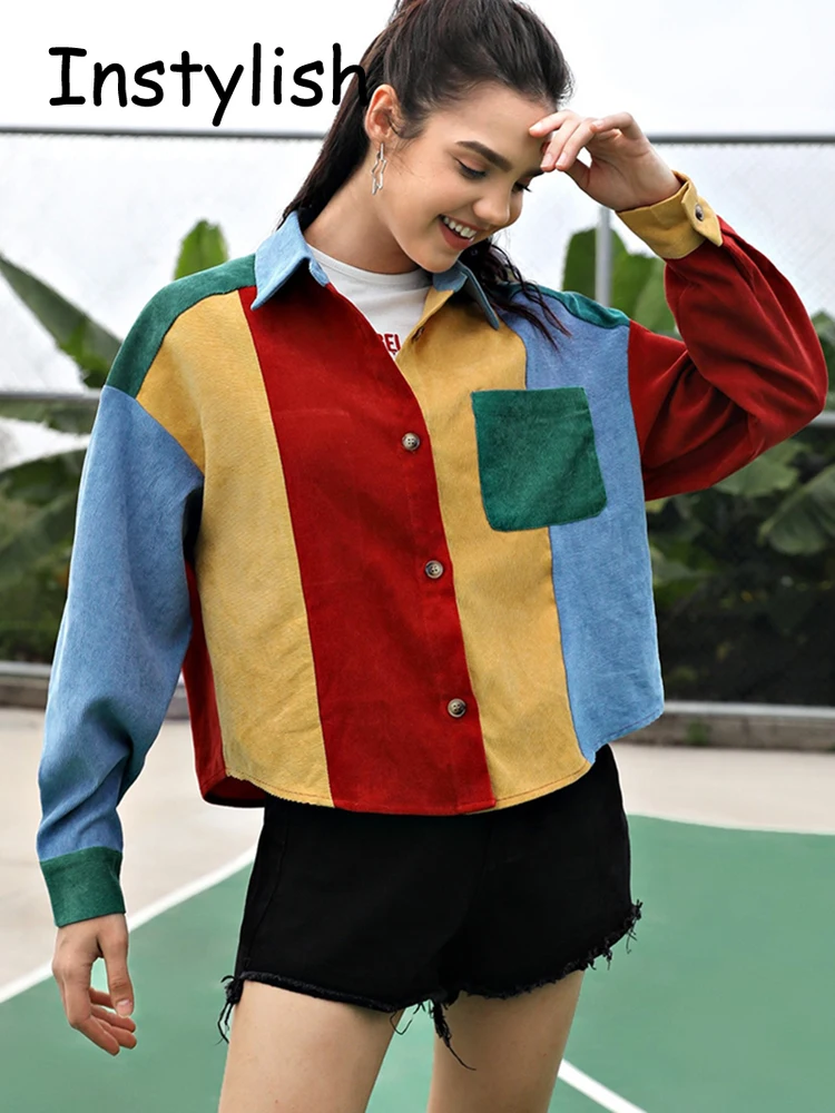 Autumn Long Sleeve Color Block Women Jackets Vintage Harajuku Hit Color Corduroy Baseball Bomber Jackets Streetwear Coat