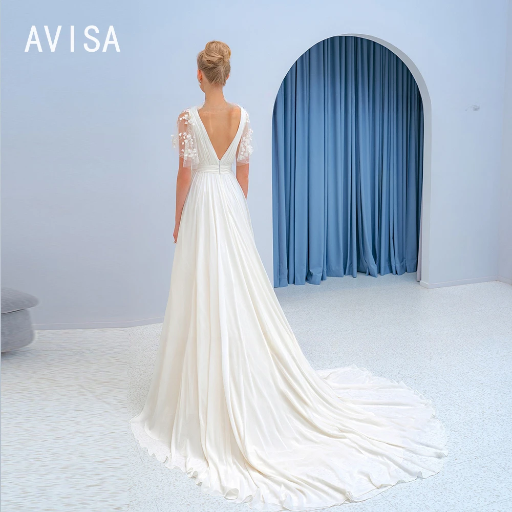 Gaun pernikahan sifon elegan 2024 V leher gaun pengantin lengan pendek gaun pesta applique gaun belahan tinggi A Line Vestidos De Novia